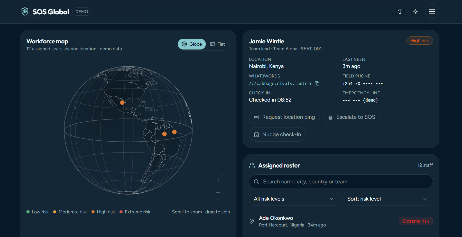 SOS Global workforce map with globe controls, selected traveller details and searchable assigned roster